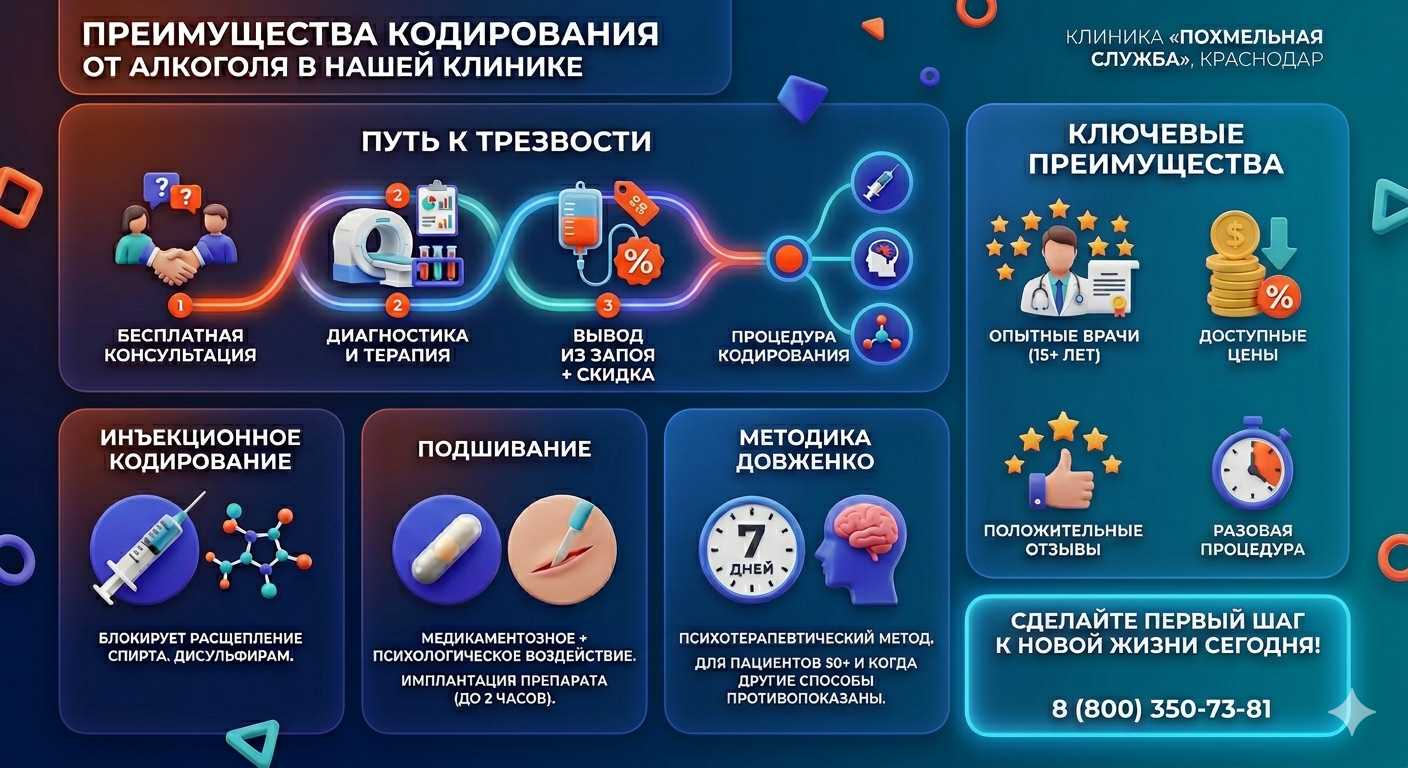 Инфографика о методах кодирования от алкоголя в Сылве: инъекции, подшивание, метод Довженко. Преимущества клиники и этапы лечения.